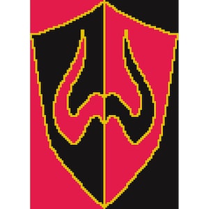 May include: A black and red shield with a gold outline. The shield has a stylized flame design in the center.