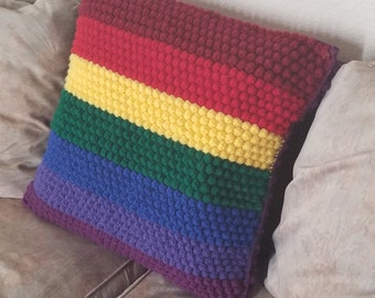 Rainbow Cushion Cover Crochet Pattern, double sided, row by row, grid, bobble stitch, crochet pattern