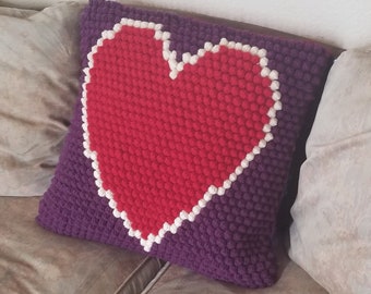 Heart Cushion Cover Crochet Pattern, double sided, row by row, grid, bobble stitch, crochet pattern