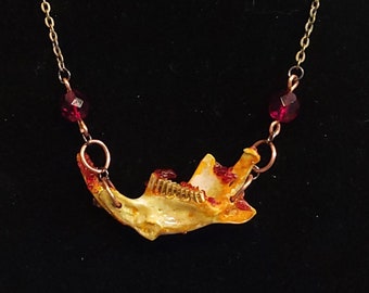 Crystallized Blood Red Muskrat Mandible Necklace with Czech Crystals