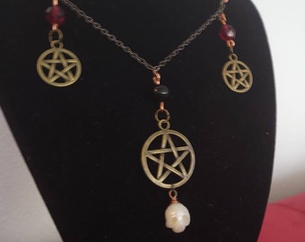 Triple Pentagram and Freshwater Skull Pearl Necklace