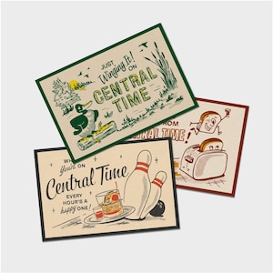 May include: Three retro-style rectangular prints with illustrations and text. One features a duck, the text "Just Winging It! on Central Time." Another shows bowling pins and a cocktail, with the text "When You're on Central Time." The third print depicts toast and a toaster.