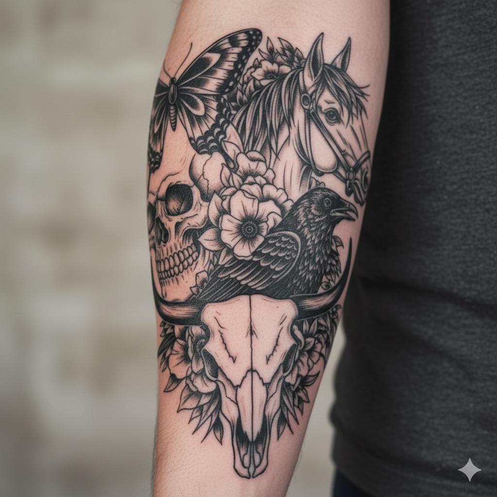 Wild West Gothic Tattoo Design, Horse, Raven, Skull (digital