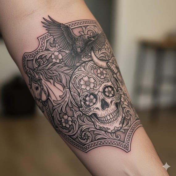 Wild West Gothic Tattoo Design, Horse, Raven, Skull (digital
