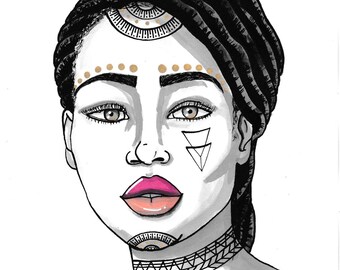 Lucia the Brave - black woman, natural hair art, afrocentric, tribal, tattooed woman, woman art, ink drawing