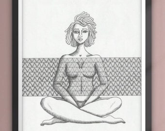 Ready To Meditate- black woman art, nude art, woman art, patterns, line art, ink drawing