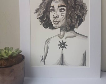 Erica the Brave - black woman, natural hair art, afrocentric, tribal, tattooed woman, woman art, ink drawing