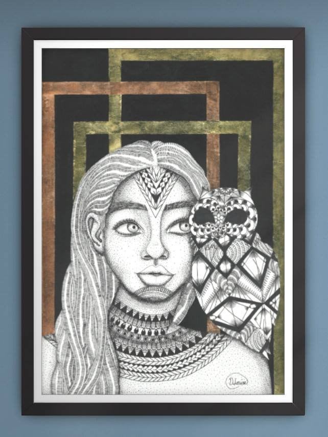 The Owl Whispers, black woman, owl, stippling, dot work, geometric
