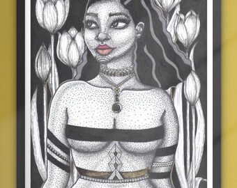 Mya - black woman, tulips, nude art, afrocentric, natural hair art, flowers, ink art