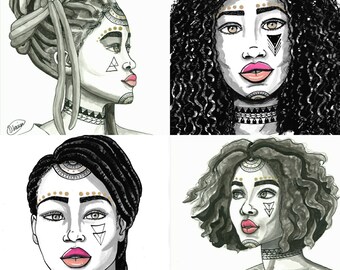 Special offer! The Brave collection - black woman, natural hair art, afrocentric, tribal, tattooed woman, woman art, ink drawing, Indian ink