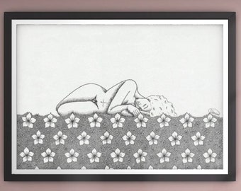 She Rests- black woman art, woman art, floral, nude art