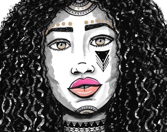 Leah the Brave - black woman, natural hair art, afrocentric, tribal, tattooed woman, woman art, ink drawing