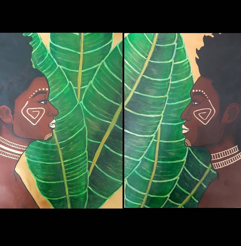 May include: A diptych painting featuring two profiles of a person with dark skin, adorned with white tribal markings and jewelry. The figures are set against a backdrop of large green banana leaves with gold accents, creating a striking contrast.
