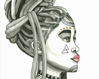 Marcia the brave - black woman, natural hair art, afrocentric, tribal, tattooed woman, woman art, ink drawing