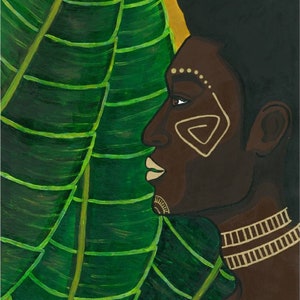May include: An acrylic painting of a person in profile with dark skin, adorned with white tribal markings on the face and neck. The background features a large green leaf and a gold-colored backdrop. The artwork has a cultural theme.