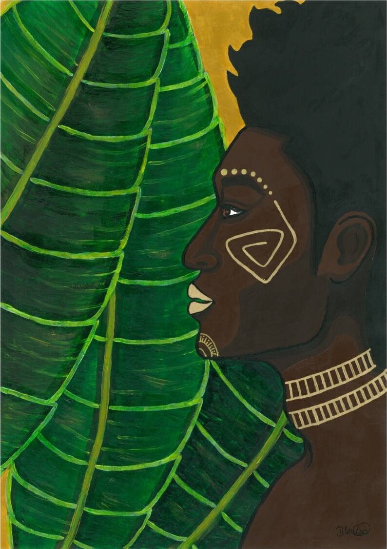 May include: An acrylic painting of a person in profile with dark skin, adorned with white tribal markings on the face and neck. The background features a large green leaf and a gold-colored backdrop. The artwork has a cultural theme.