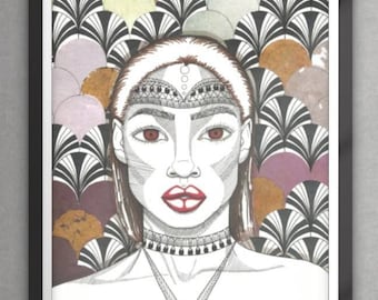 Jasmine- woman art, collage, patterns, ink drawing