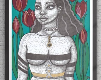 Mya - black woman, tulips, afrocentric, painting, nude art, floral art