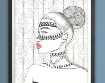Her Majesty- black woman, natural hair art, afrocentric, tribal, tattooed woman, woman art