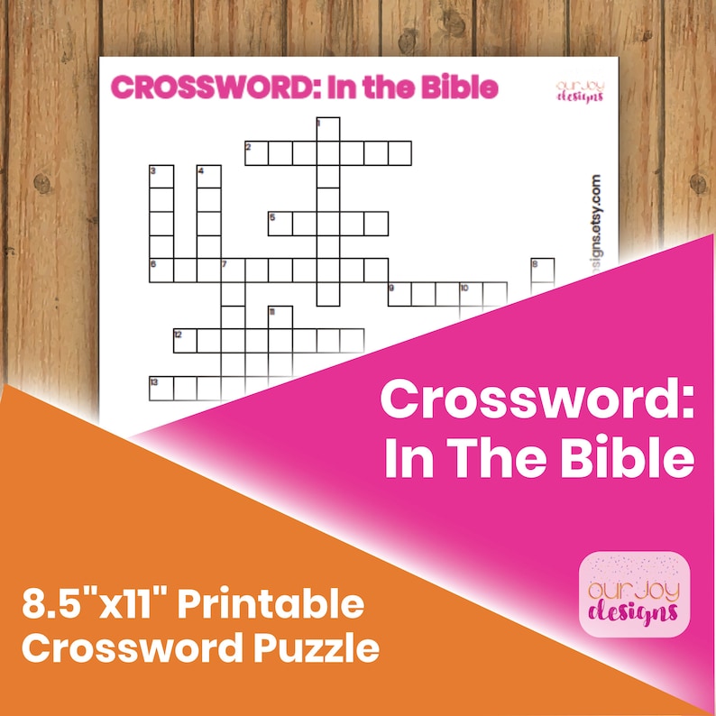 Op de afbeelding: Een afdrukbare kruiswoordpuzzel getiteld "Crossword: In the Bible" op een A4-vel (ongeveer 21 x 29,7 cm). De puzzel is wit met zwarte rasterlijnen en tekst. Een roze en oranje geometrisch ontwerp bevindt zich in de rechter benedenhoek.