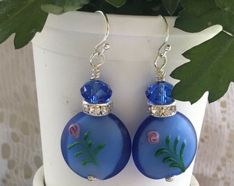Gorgeous royal blue lampwork bead on silver plated dangle earrings