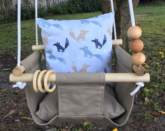 Khaki Baby Swing Toddler, canvas toddler playroom swing, First Birthday Gift, Baby Shower Gift, Fox or Llama Baby Nursery hammocks Swings