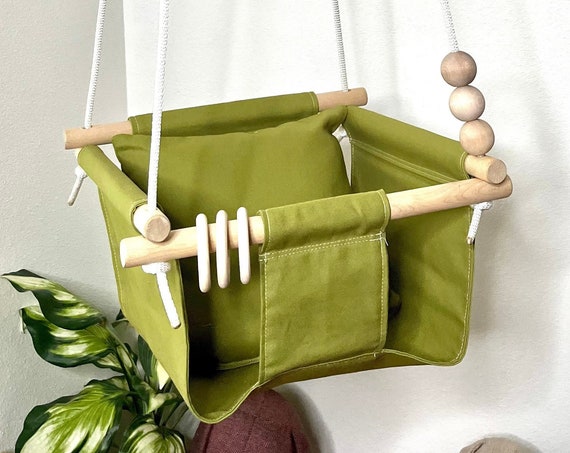 Olive green baby swing indoor, Canvas playroom swing, First Birthday Gift, Baby shower Gift, Toddler swing, Child's fabric swing
