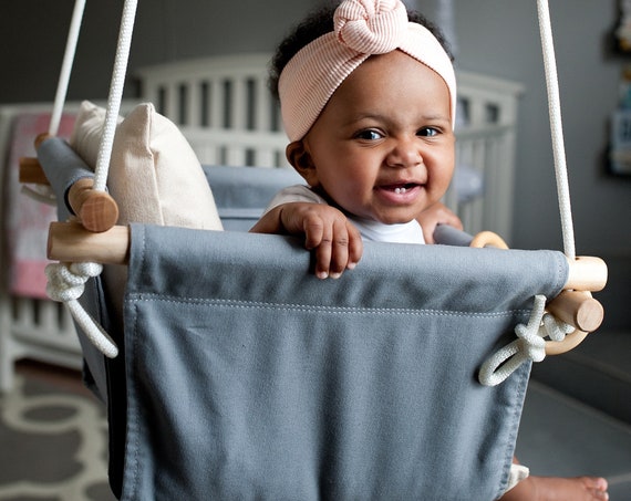 Gray Baby Swing Indoor, Dark gray canvas playroom swing. Toddler Swing, First Birthday Gift, Baby Shower Gift, Baby Nursery Decor