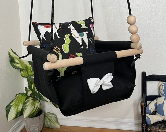 Baby Swing Indoor, Black canvas playroom swing. Llama Baby Nursery swing, First Birthday Gift, Baby Shower Gift, Toddler Swing,