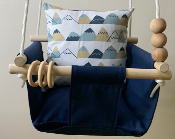 Navy Baby Swing Indoor, canvas playroom swing, First Birthday Gift, Baby Shower Gift, Mountian Nursery Decor, Toddler Swing