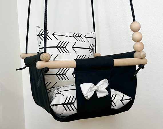 Arrow and Bow Baby Swing, Black & White Canvas Playroom Swing, First Birthday Gift, Baby Shower gift, Toddler swing, Fabric Swing
