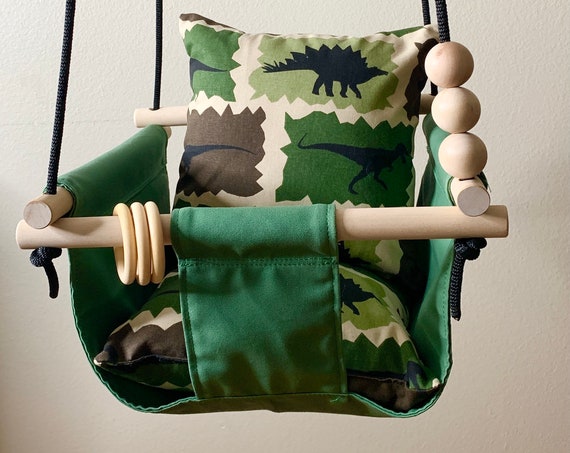 Green Baby Swing Indoor, canvas playroom swing, Dinosaur nursery, First Birthday Gift, Baby Shower Gift, Toddler Swing, Nursery decor swing