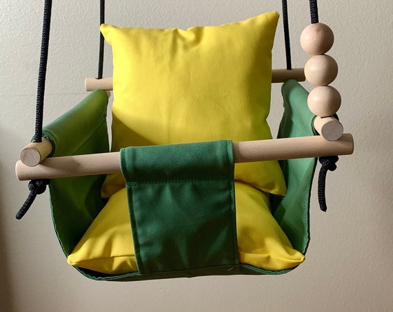 Green Baby Swing Indoor, Green canvas playroom swing, First Birthday Gift, Baby Shower Gift, Toddler Swing, John Deere nursery swing decor