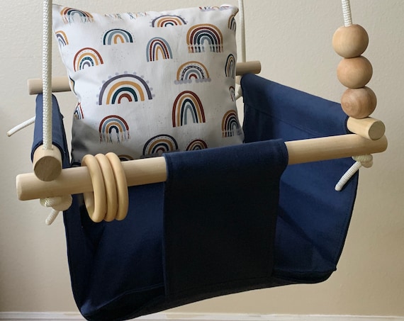 Navy Baby Swing Indoor, Navy canvas Playroom Swing, Toddler Swing, 1st Birthday Gift, Baby Shower Gift, Rainbow Nursery Swing