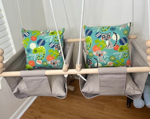 Gray Twin's Baby Swing Indoor, Twin’s canvas Playroom swing, Twin's 1st Birthday, Twin's Baby Shower gift, Toddler swing, Jungle nursery