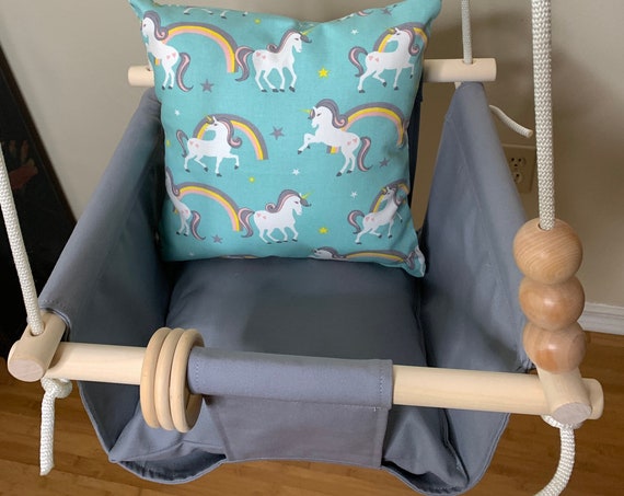 Gray Baby Canvas Swing Indoor, Unicorn rainbow nursery playroom swing, Toddler Swing, 1st Birthday Gift, Baby Shower gift
