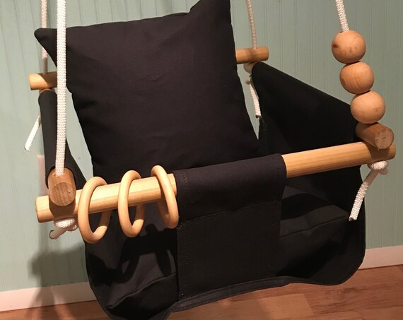 Black Baby Swing Indoor, Canvas Playroom nursery swing, 1st Birthday gift ideas, Baby shower gift idea, Home Living Hammocks Swings