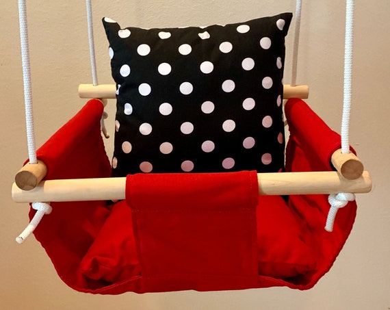 Red Baby Swing Indoor, Canvas Playroom nursery swing, First Birthday Gift, Baby Shower Gift, Toddler Swing, Polka Dot Decor