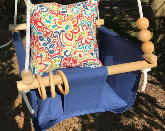 Blue Baby Swing Indoor, Canvas Playroom swing, First Birthday Gift, Baby Shower Gift, Toddler Outdoor Swing, Nursery Swing, child's swing