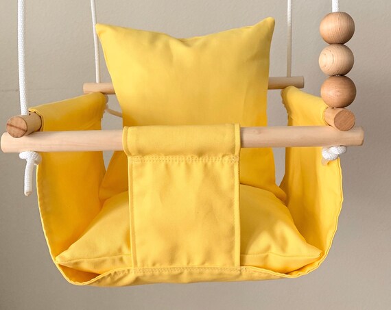Yellow Baby Swing Indoor, canvas playroom swing, First Birthday Gift, Baby Shower Gift, Toddler Swing, Fabric Swing, Nursery swing