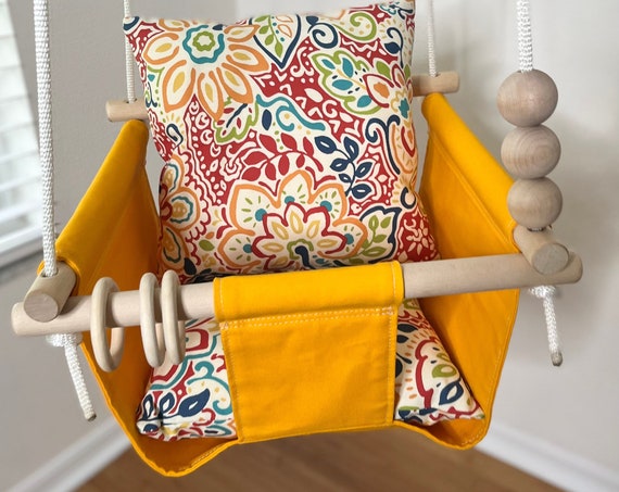 Sunflower yellow Baby Swing Indoor, Canvas Playroom Swing, First Birthday Gift, Baby Shower Gift, Toddler Swing, Fabric Baby Swing