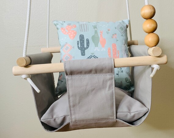 Gray baby swing, Llama Canvas playroom nursery swing, 1st Birthday gift, Baby shower gift, Hammocks Swings Home Living