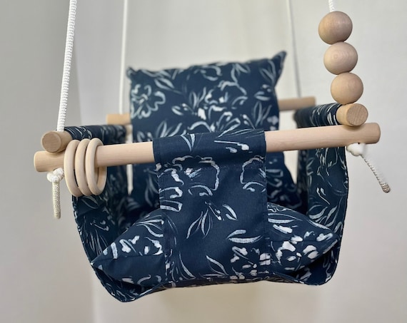 Baby Swing Indoor, Blue floral canvas playroom swing, Toddler Swing, 1st Birthday Gift, Baby Shower gift, Boho Nursery Decor Swing