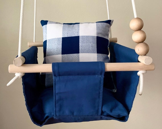 Blue Baby Swing Indoor, Buffalo Plaid Nursery decor, First Birthday Gift, Buffalo Plaid Baby Shower Gift, Toddler Swing, Playroom swing