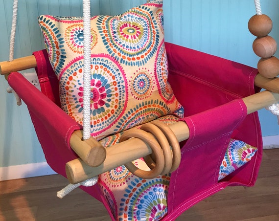 Pink Baby Swing Indoor, Canvas Playroom Swing, First Birthday Gift, Baby Shower Gift, Toddler Swing, Nursery Swing, Fabric Baby Swing