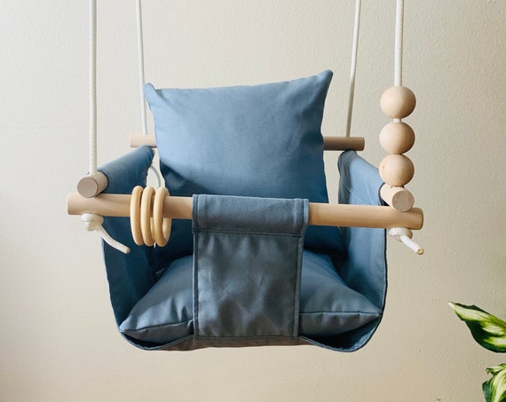 Blue Baby Swing Indoor, Chambray Blue indoor canvas playroom swing, First Birthday Gift, Baby Shower Gift, Toddler swing, Nursery Swing
