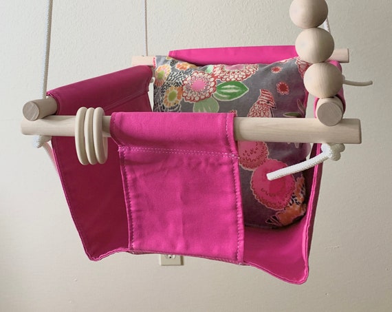 Pink baby swing indoor, Canvas playroom swing, First Birthday Gift, Baby Shower Gift, Pink nursery animal decor,Toddler swing, Child's swing