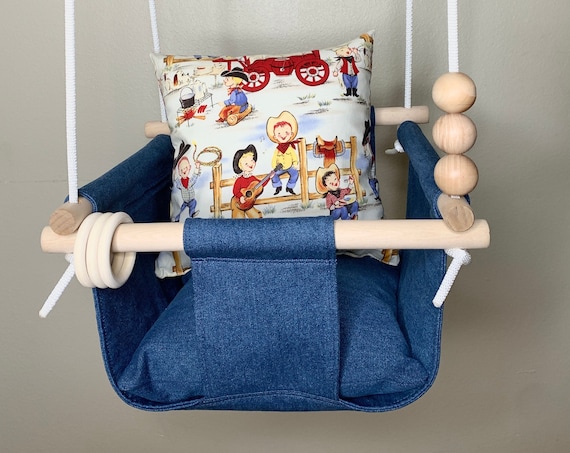 Denim baby swing, Western cowboy nursery decor, Child's Playroom swing, Toddler swing, 1st Birthday gift, Baby shower gift.
