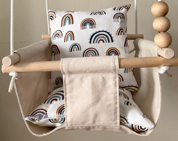 Rainbow Baby Swing Indoor, Natural canvas playroom swing, Toddler Swing, 1st Birthday Gift, Baby Shower gift, Boho Nursery Decor Swing