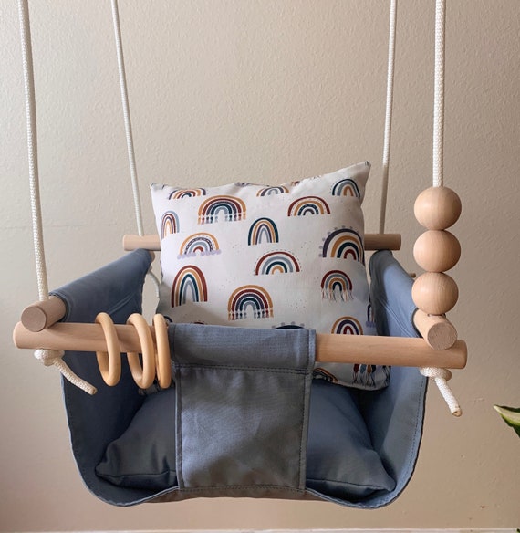 Blue Baby Swing Indoor, canvas Rainbow playroom Swing, Toddler Swing, Baby Swing, 1st Birthday Gift, Baby Shower Gift, Nursery Swing